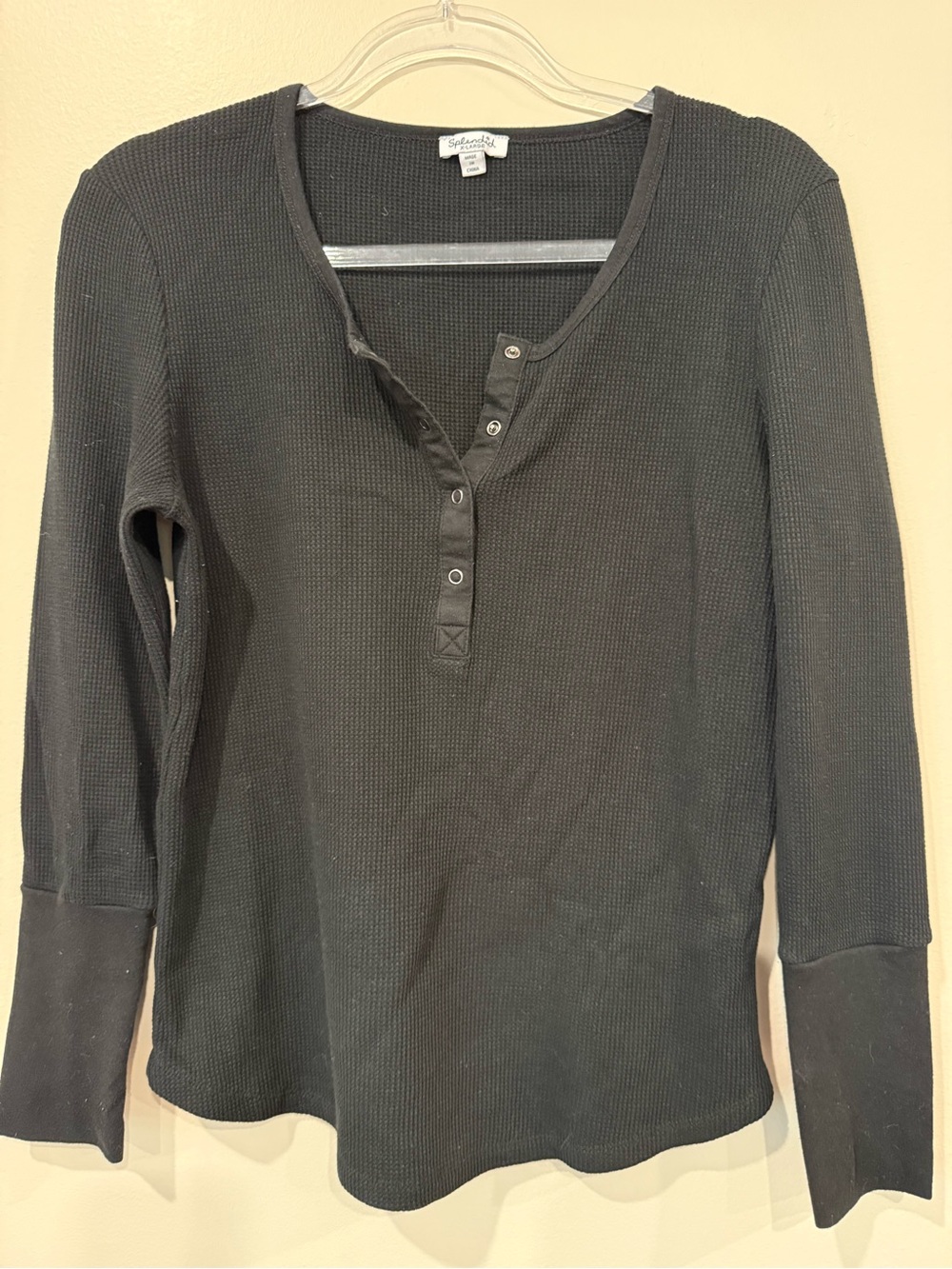 Splendid Black Thermal Waffle Knit Long Sleeve Henley Top XL